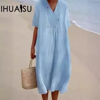 IHUASU Лето-весна женское однотонное свободное платье из хлопка и льна с v-образным вырезом