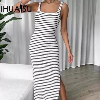 IHUASU Лето-весна женское платье без рукавов в полоску приталенного жилета средней длины XS