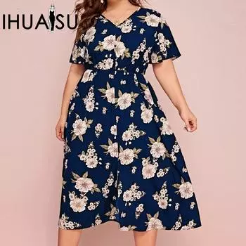 IHUASU/лето-весна, женское платье больших размеров с цветочным принтом, v-образным вырезом, короткими рукавами и талией, свободная шифоновая юбка средней длины с разрезом L белый