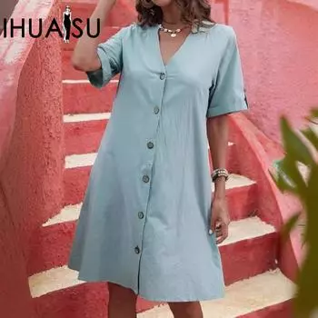 IHUASU/лето-весна женское платье из гидрохлопка с короткими рукавами, средней длины, однобортный, с v-образным вырезом, свободная однотонная юбка трапециевидной формы S чёрный