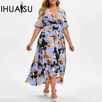 IHUASU Лето-весна женское повседневное платье больших размеров с богемным принтом, нерегулярное платье, юбка-рыбий хвост, с коротким рукавом на талии L чёрный