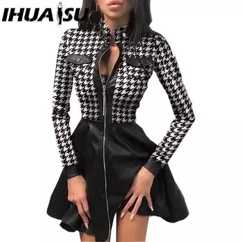 IHUASU Мода Женское Кружевное Мини-платье с Длинным Рукавом и Молнией, с Большим Подолом из Искусственной Кожи S