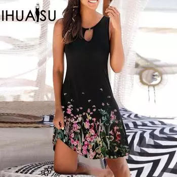 IHUASU Модное платье без рукавов с круглым вырезом и принтом S