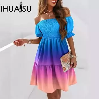 IHUASU Модное плиссированное платье с одной линией талии и короткими рукавами S