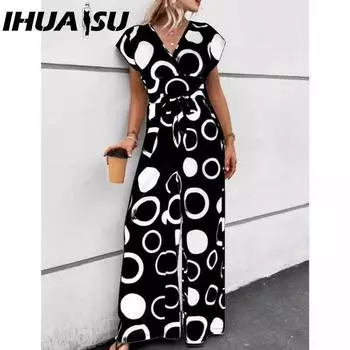 IHUASU Модный элегантный повседневный комбинезон с v-образным вырезом и высокой талией, широкий пояс с принтом S белый