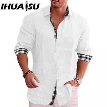 IHUASU Мужская рубашка с длинным рукавом, осенняя повседневная мужская рубашка из хлопка и льна, мужская рубашка S белый