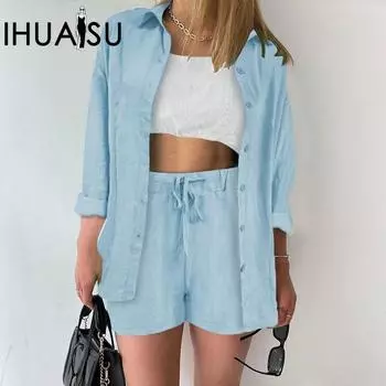 IHUASU однотонная свободная рубашка из эластичного крепа с длинными рукавами, широкие шорты, повседневный женский костюм S белый