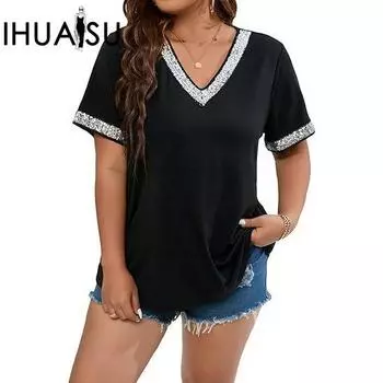 IHUASU однотонная женская футболка с короткими рукавами и пайетками из бисера S чёрный