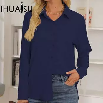 IHUASU однотонная женская весенне-летняя модная рубашка с длинными рукавами и лацканами, повседневная рубашка на пуговицах S белый