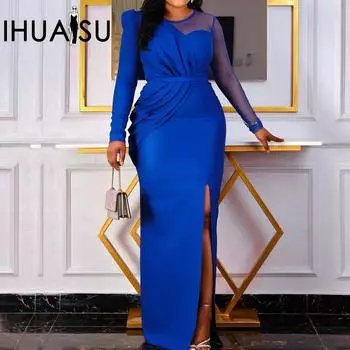 IHUASU однотонное платье с принтом, весна-осень, с длинным рукавом и круглым вырезом, большие размеры, женское сетчатое лоскутное платье, длинное платье-юбка S красный