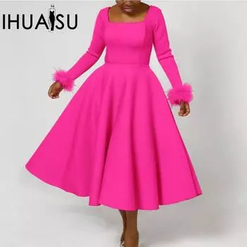 IHUASU однотонное принт с длинными рукавами и квадратным воротником, зимнее стильное элегантное пушистое платье с высокой талией и украшением S