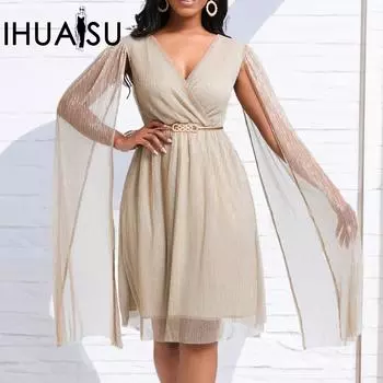 IHUASU однотонное принт с длинными рукавами, лето-весна с поясом, женское модное элегантное платье-накидка с v-образным вырезом и высокой талией S темно-синий