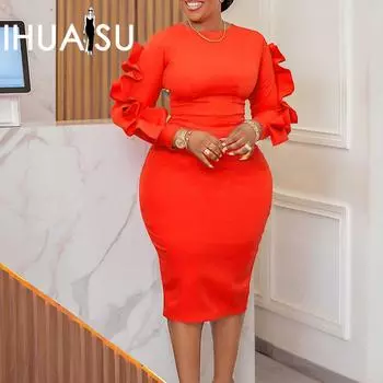 IHUASU однотонное женское осеннее платье с круглым вырезом и длинными рукавами, модное темпераментное платье Tong Le, элегантное платье больших размеров с высокой талией S