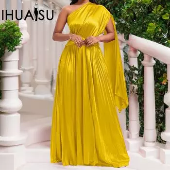 IHUASU однотонное женское плиссированное длинное платье на одно плечо с косым воротником на талии и высокой талией S темно-синий