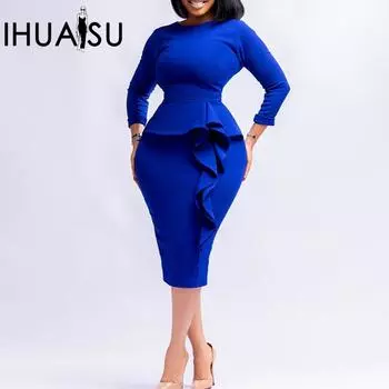 IHUASU однотонный принт с длинным рукавом и круглым вырезом, свободное женское осенне-зимнее новое модное темпераментное элегантное платье-юбка-карандаш большого размера S