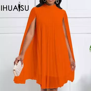 IHUASU однотонный принт, весна-осень, с длинным рукавом и круглым вырезом, женская мода, шифоновый пуловер, накидка, рукав «летучая мышь», платье больших размеров S белый