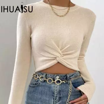 IHUASU осень и зима Essential Slim универсальный O-образный вырез дизайн крест-накрест вязаный топ свитер для женщин S абрикосовый