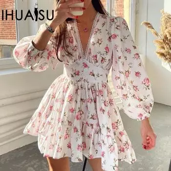 IHUASU Осень Ins Street Повседневная юбка-миди с цветочным принтом Тонкое платье с высокой талией и v-образным вырезом S белый