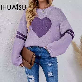 IHUASU осень/зима ко Дню святого Валентина, цветной контраст, жаккардовый женский трикотаж больших размеров с круглым вырезом, большие размеры S розовый