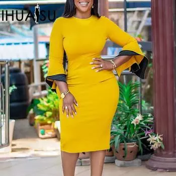 IHUASU осень-зима мода темперамент элегантная сумка бедра OL Tongle юбка-карандаш платье S жёлтый