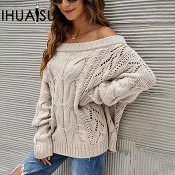 IHUASU осень/зима свободный свитер с открытыми плечами больших размеров с трапециевидным вырезом однотонный пуловер для женщин S белый