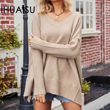 IHUASU осень/зима женский модный трикотаж с v-образным вырезом больших размеров сексуальный пуловер-свитер S серый