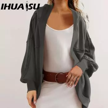 IHUASU Осенне-зимнее пальто для женщин с капюшоном, темпераментное, свободное, в стиле пэчворк, повседневное, кардиган с капюшоном S хаки