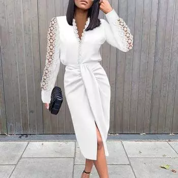 IHUASU Осенне-зимнее платье с V-образным вырезом, кружевными длинными рукавами, облегающее талию и бедра, для женщин S белый