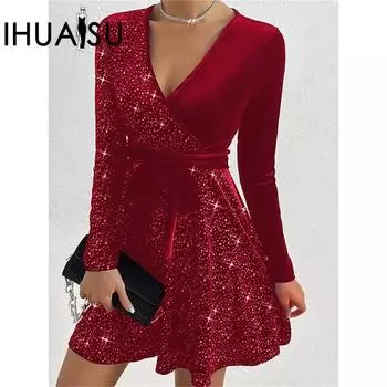 IHUASU осенне-зимнее сексуальное платье с v-образным вырезом и запахом на бедрах, нерегулярная юбка с пайетками S чёрный