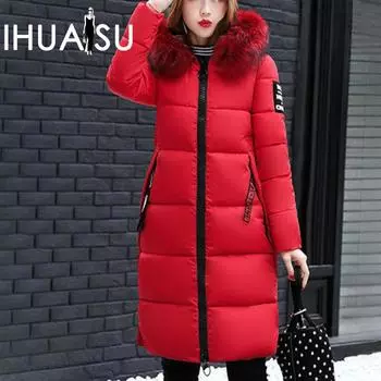 IHUASU осенне-зимнее тонкое хлопковое пальто для женщин средней длины, модная куртка с большим воротником из утолщенного хлопка M чёрный