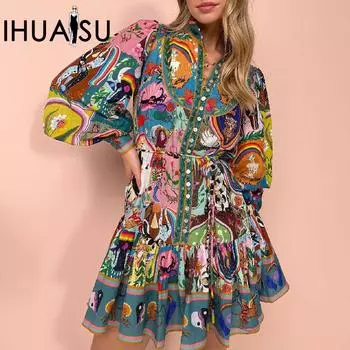 IHUASU осенне-зимнее женское кружевное хлопково-льняное платье с длинными рукавами и принтом, плиссированное платье с высокой талией и лацканами для женщин S