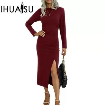 IHUASU осенне-зимнее женское платье, однотонное, с круглым вырезом, тонкое, с длинными рукавами и разрезом, темпераментное платье S светло-серый