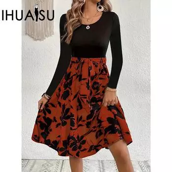 IHUASU осенне-зимнее женское платье, однотонное, с круглым вырезом, тонкое, с длинными рукавами и разрезом, темпераментное платье S белый