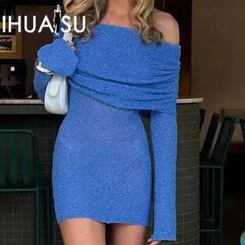 IHUASU Осенне-зимние женские сексуальные платья с длинным рукавом и одним плечом, короткие платья S розовый