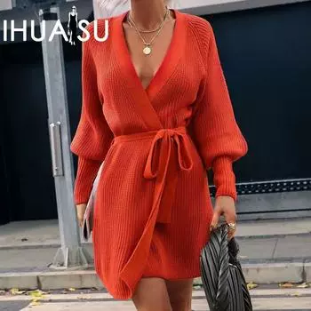 IHUASU Осенне-зимний кардиган средней длины, однотонный женский вязаный кардиган с завязками S чёрный