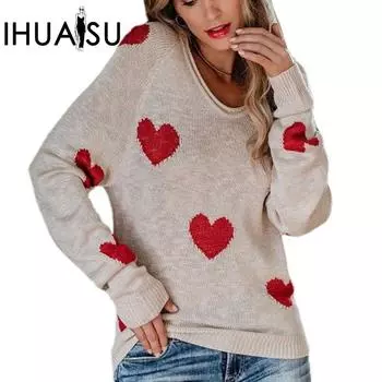 IHUASU осенне-зимний новый свободный свитер с v-образным вырезом на День святого Валентина, пуловер, женский свитер S красный
