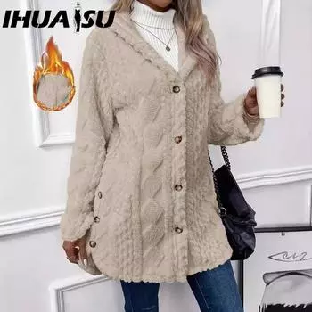 IHUASU Осенне-зимний однотонный кардиган с капюшоном и пуговицами, повседневное пальто с длинным рукавом S белый
