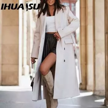 IHUASU Осенне-зимнее простое пальто из шерсти с длинным рукавом, воротником-стойкой и ремешком для женщин, куртки и пальто S чёрный