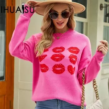 IHUASU осенне-зимний пуловер персикового цвета с круглым вырезом и круглым вырезом для женщин на День святого Валентина S чёрный