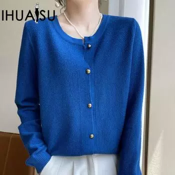 IHUASU Осенне-зимний шерстяной вязаный кардиган, женская куртка, модный универсальный джемпер с длинными рукавами, нижняя рубашка M сапфир синий