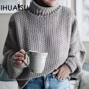 IHUASU осенне-зимний свитер толстой вязки для женщин с подвернутым краем и высоким воротом, рукавами «летучая мышь» S белый