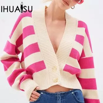 IHUASU Осенне-зимний свитер женский, контрастные цвета, свободный дизайн, вязаный кардиган, куртка S зелёный