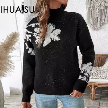 IHUASU Осенне-зимний трикотаж для женщин с высоким воротом, модный жаккардовый пуловер, джемпер S чёрный