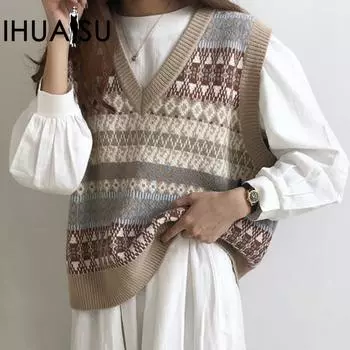 IHUASU осенне-зимний вязаный джемпер женский ретро без рукавов топ универсальный коллизионный цвет внешний свободный жилет S