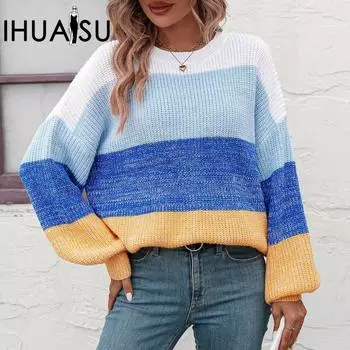 IHUASU Осенне-зимний вязаный свитер с круглым вырезом в стиле колор-блок, модный женский свитер S зелёный