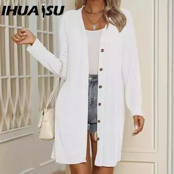 IHUASU Осенне-зимний женский длинный однотонный повседневный кардиган с длинными рукавами на пуговицах для женщин S серый