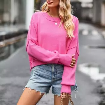 IHUASU осенне-зимний женский модный свитер с круглым вырезом, однотонный свободный пуловер, свитер S чёрный