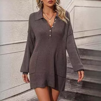 IHUASU Осенне-зимний женский однотонный свитер с воротником-поло и пуговицами, трикотажный свитер средней длины, пальто-свитер S зелёный