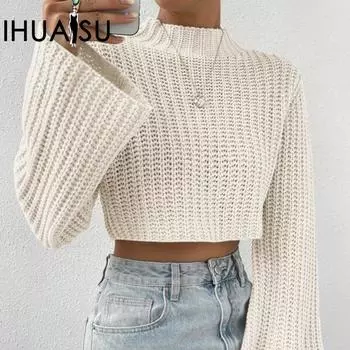 IHUASU Осенне-зимний женский однотонный свитер с высокой талией и короткими расклешенными рукавами и полувысоким воротом S абрикосовый