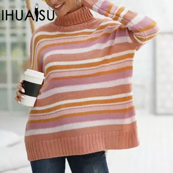 IHUASU Осенне-зимний женский свитер в радужную полоску в стиле пэчворк, пуловер, модный свитер с высоким воротом S кирпич красный